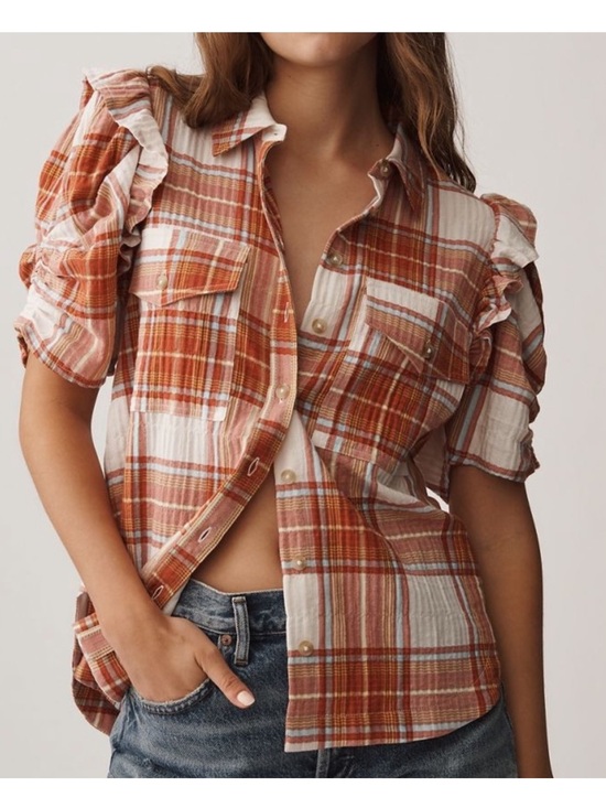 Anthropologie Tops - Anthropologie Rust and White Plaid Ruffle-Sleeve Button Down